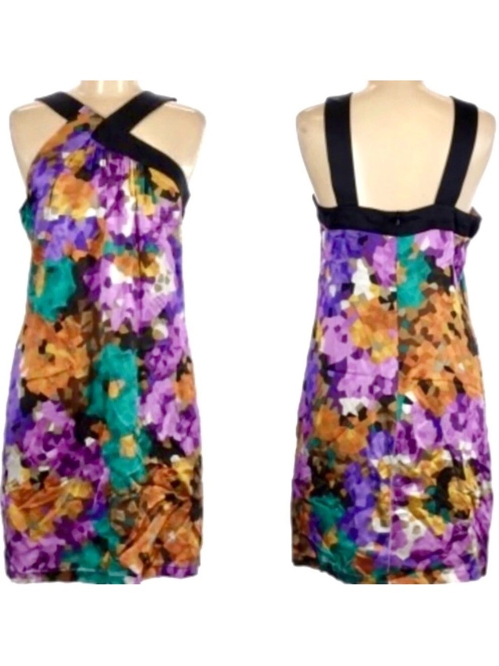 NWT Trina Turk Dress 100% Silk Pixelated Floral Sleeveless Crisscross Neck  Sz 8